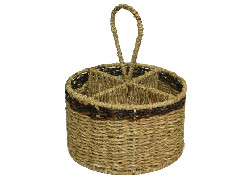 Custom-made Round Seagrass Utensil Holder with 4 Compartments - Eco-friendly Kitchen & Dining Organizer